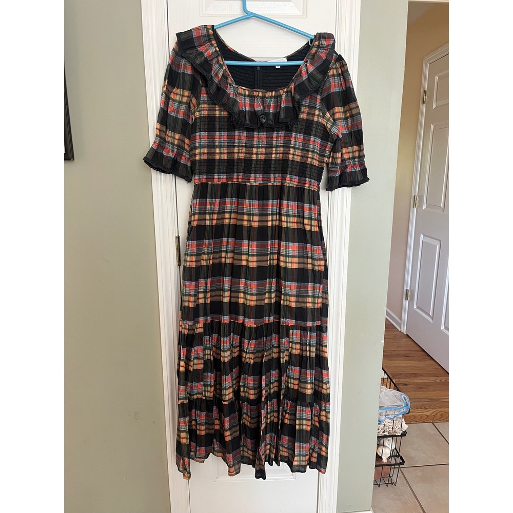 Ivy City Co Womens XL Plaid Smocked Midi Dress Ruffle Neck Cotton Pockets Black